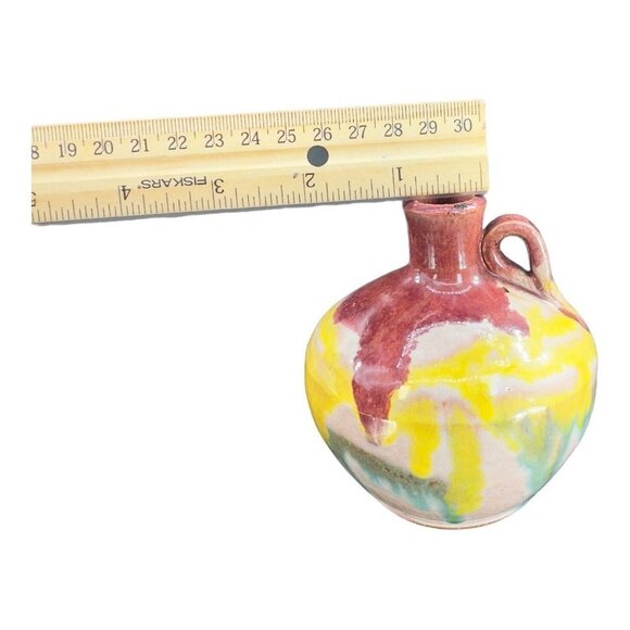 Mid Century Italian Art Pottery Vase Jug W Handle RedWare Multicolor Glaze VTG - Picture 10 of 15